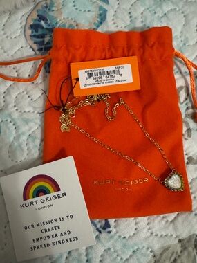 Kurt Geiger Gold Heart Pendant Necklace with Orange Pouch